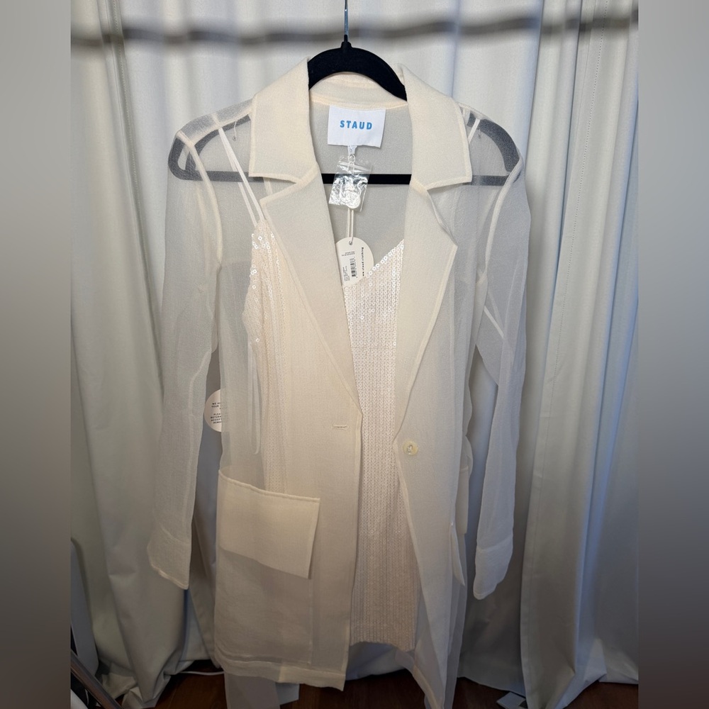 STAUD Cream Sheer coat and sequins mini dress NWT